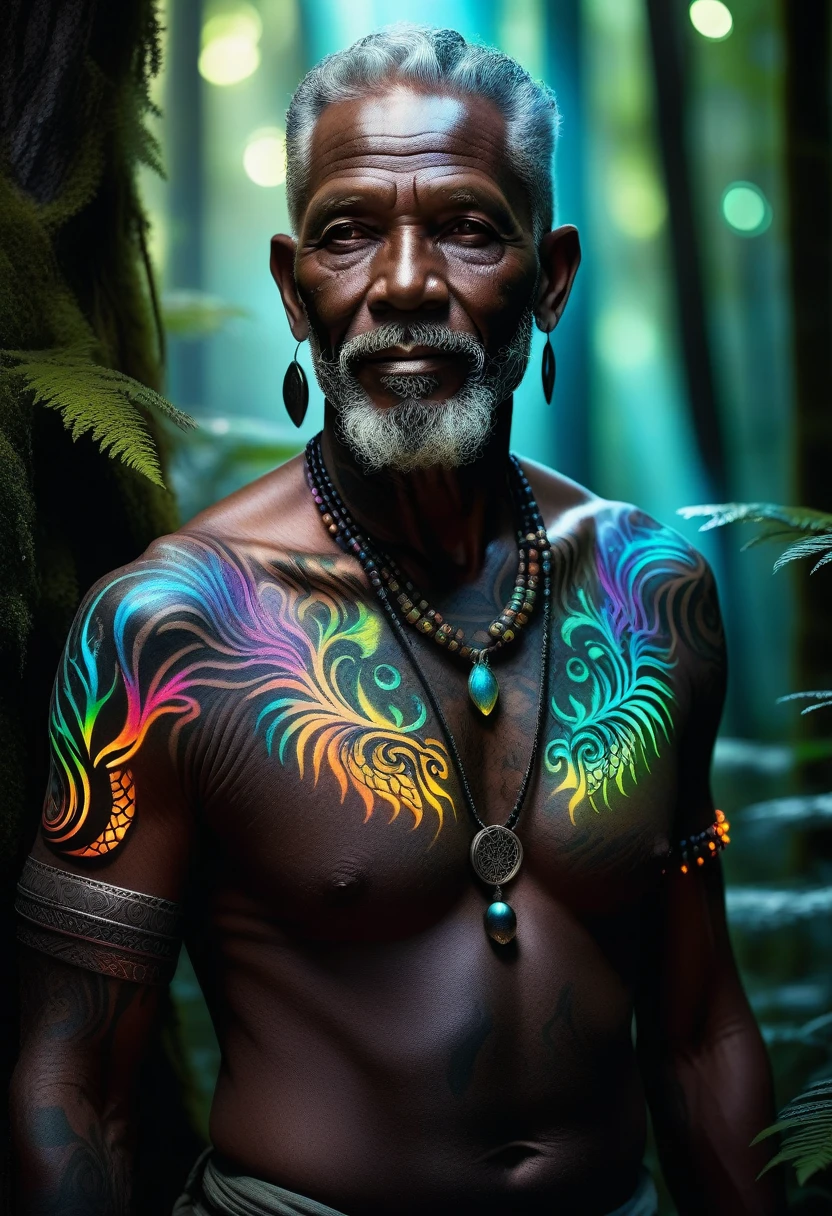 Generate an image of an older guy, with black skin adorned with intricate details., multicolored photoluminescent tattoos, surrounded by magical glow in a mystical forest. Convey an air of mystery and fantasy through your expressions and environments.