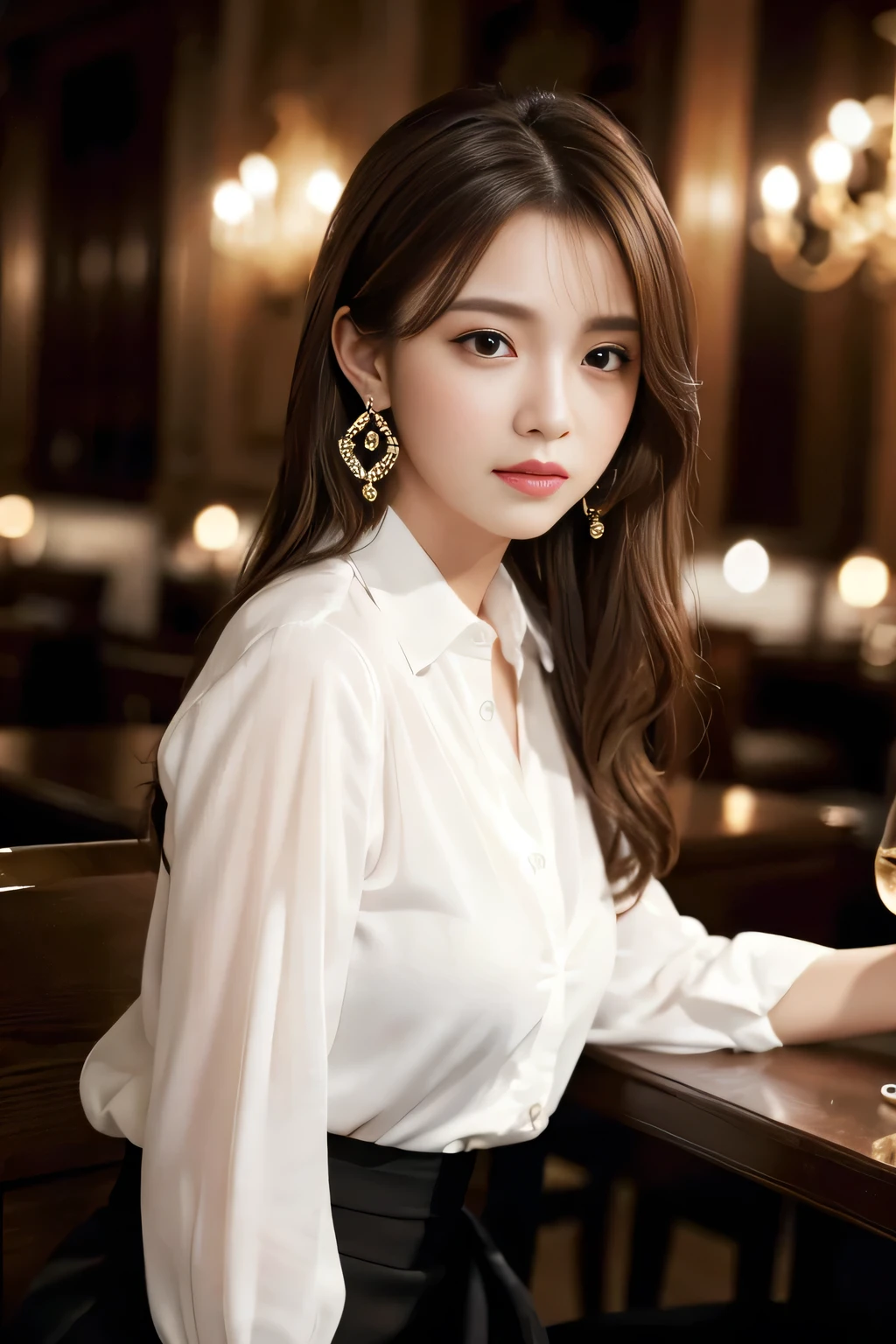 masterpiece, Highest quality, Realistic, Very detailed, Finer details, High resolution, 8k wallpaper, One beautiful woman, Wear an elegant white shirt, In a great restaurant, At night, Light brown messy hair, Perfect dynamic composition, Beautiful and beautiful eyes、Big earrings、