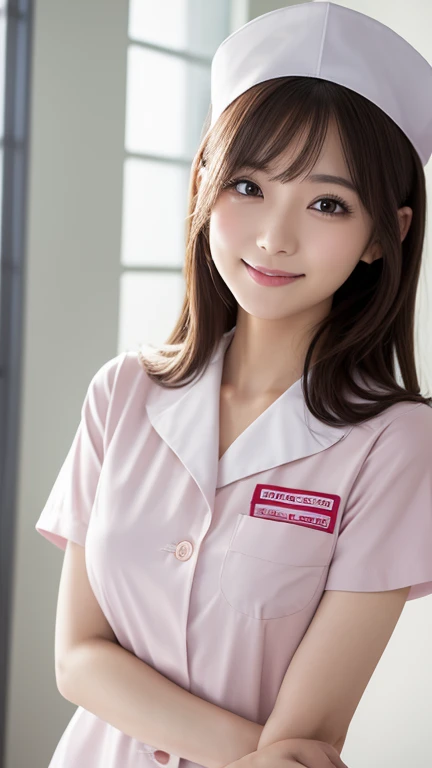 Highest quality、8k wallpaper、Reality:1.4、Cinema Lighting、View your viewers、background:An all-white room、1 beautiful girl、Japanese Idol、30 years old、Beautifully detailed eyes、Detailed face、Beautiful Skin、Slender、Slim waist、Thin legs、Light Hair、Japanese Nurse、Light pink nurse uniform、Light pink nurse cap、smile:1.5、Seductive pose