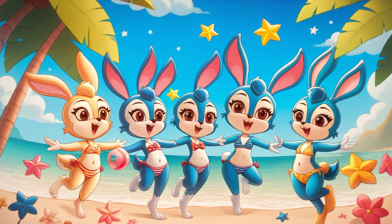 (masterpiece), ((best quality), ((high resolution)), (Extremely detailed CG unity 8k wallpaper), Five bunny girls, Animal ears,open mouth,Smile,hairy,Brown eyes,Smile,happy,Perfect hands,Perfect feet,Perfect bunny ears,完美的兔Tail,Animal nose,Blue fur,,Blue Hair,Tail,Beach,seaside,stars and stripes bikini,Smile,Elated,hands in arms,Dance together,