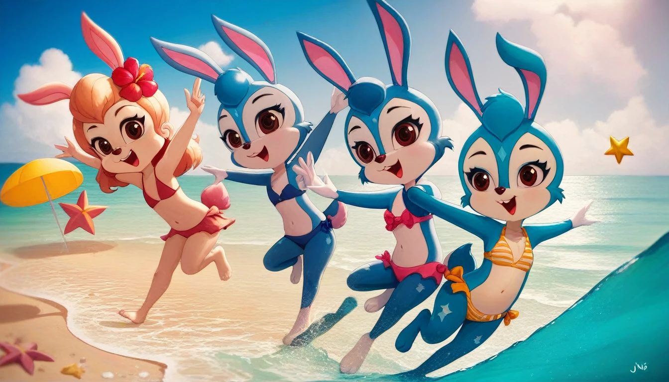 (masterpiece), ((best quality), ((high resolution)), (Extremely detailed CG unity 8k wallpaper), Five bunny girls， Animal ears,open mouth,Smile,hairy,Brown eyes，Smile，happy，Perfect hands，Perfect feet,Perfect bunny ears，完美的兔Tail,Animal nose,Blue fur,,Blue Hair,Tail,Beach，seaside，stars and stripes bikini，Smile，Elated，hands in arms，Dance together，