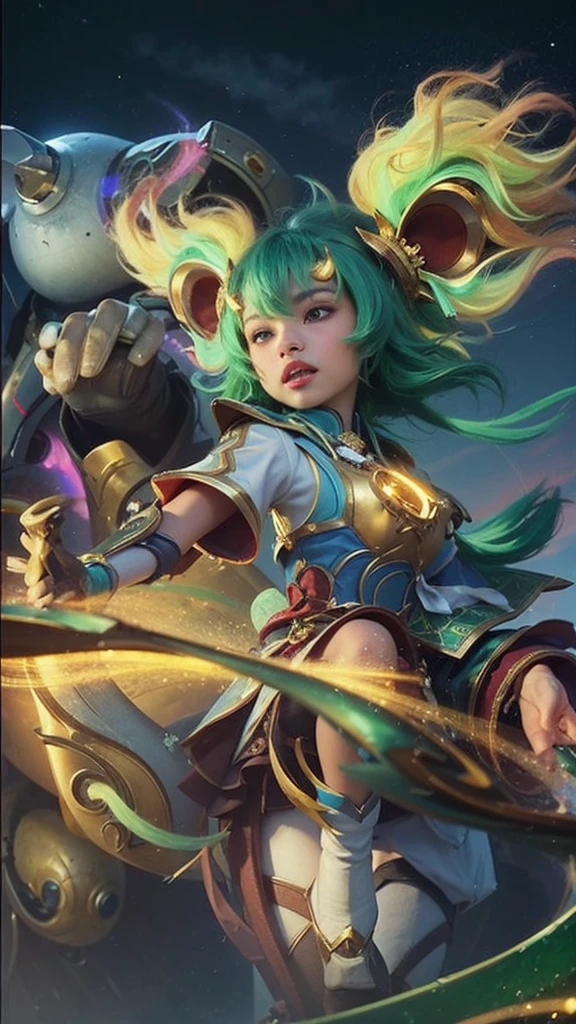 there is a woman cute standing in front of a giant robot, realistic