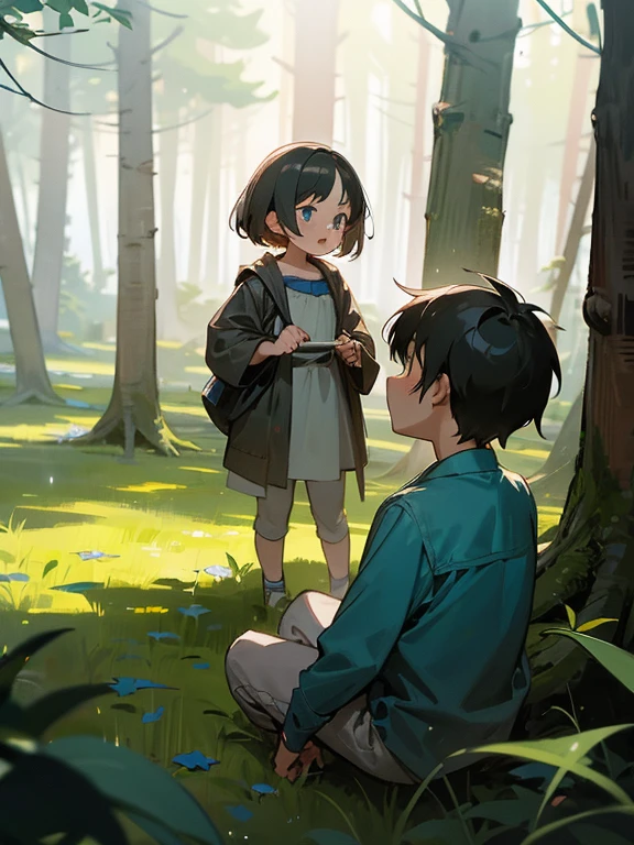 2 children, 1 girl, 1 boy, playing, forest in the background