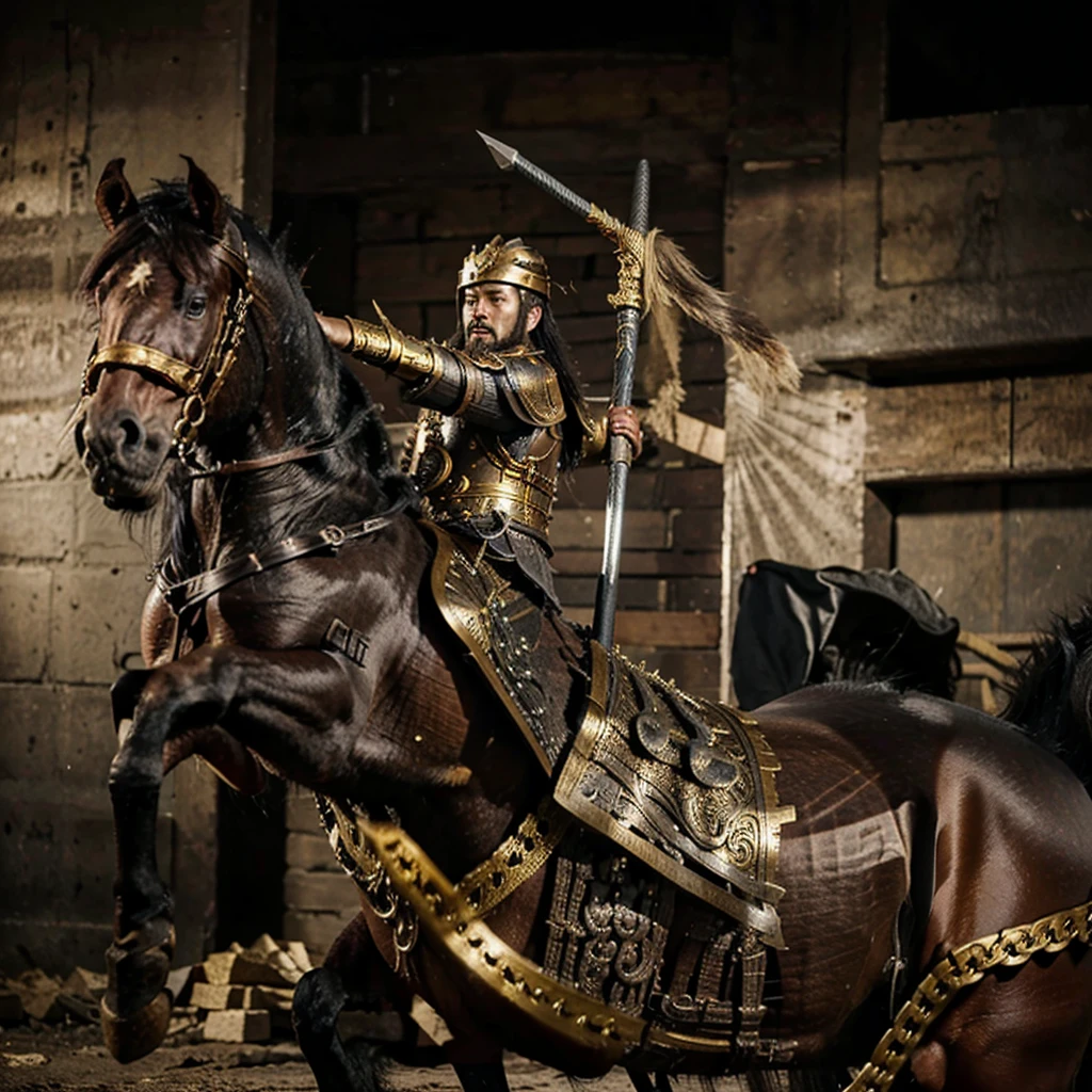 an ancient chinese warrior with wild beard, wearing gold armour, riding on black horse, using long chain weapon to launch attack