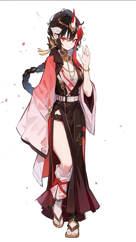 tmasterpiece,Need,1 Female demon,A high resolution,bleeding from the corners of her mouth,hoang lap,fang,tiny horns,Collar,large chain,Black all over,Oversized military coat,(ultradetailed:1.1025),(illustratio:1.1025),(infography:1.1025),Patent drawings,Physical measurement,(All clothing requirements:1.1025),papelaria, (solo:1.1025),standing on your feet,Have a cohesive background,5 fingers in the hand,fittings:Red rope chain,character sheets,black in color, blanche, Red tones