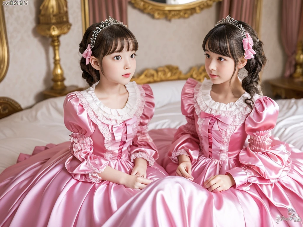 ,highest quality, masterpiece, highest resolution, artwork, super それにget used to it, many get used to it, get used to it, それにget used to it, 3K realistic photos,,((10 year old s)),Super detailed baby face,they are both princesses,Full length ball gown dress with hoop skirt,ruffle yoke collar,puff sleeves,long sleeve,((Lolita stylt pink detailed princess satin dress、Comes with lots of frills and ribbons。)),Colorful fashion in rococo style,shiny satin dress,Soft and smooth fabric,luxury,long blonde hair,blue eyes,white skin european,pajamas,((inside the palace bedroom)),Canopy bed,Princess Bed,Sitting on the bed,detailed bed,