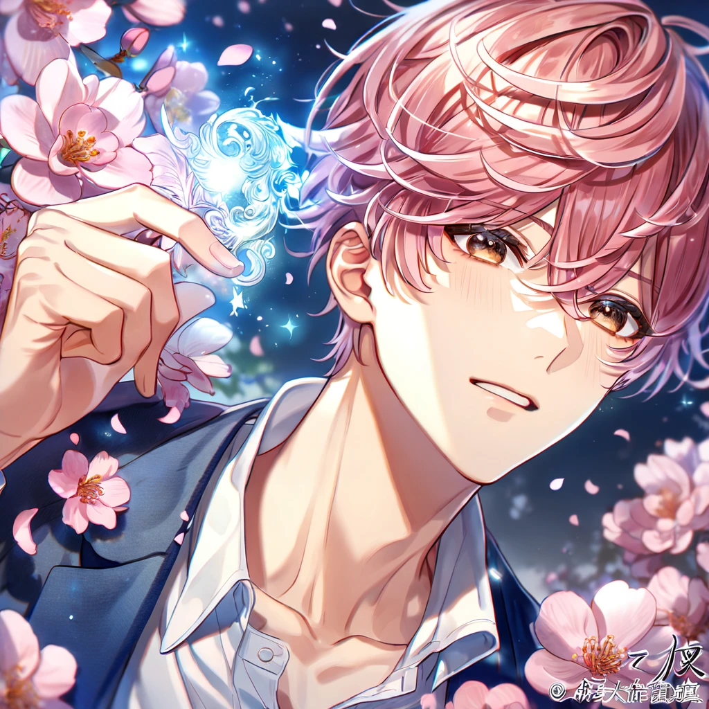 absurdres, highres, ultra detailed, HDR, master piece, Sato Mafuyu, brown-pink hair, expressive brown eyes, white shirt, blue jacket, Given, sexy man, handsome, best quality, blossoms, pink petals, pink flowers, fantasy, magical, blue shining fireflies, solo, blue and black clothes,