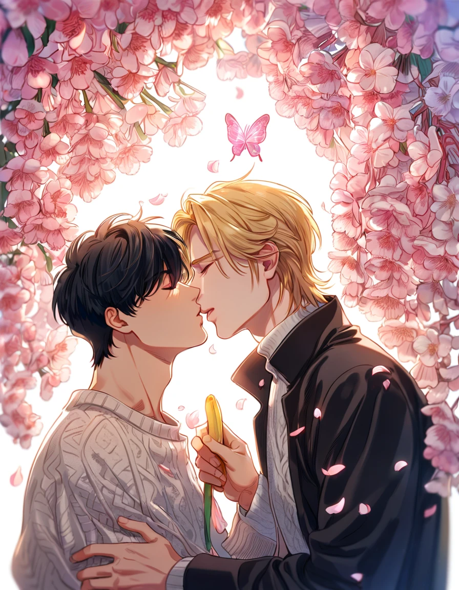 absurdres, highres, ultra detailed, HDR, master piece, best quality, Ash Lynx, blonde hair, closed eyes, banana fish, Okumura Eiji, black hair, closed eyes, two sexy men kissing, yaoi, gay couple, handsome, brown coat, white sweater, black coat, fantasy, shining, pink flowers, pink blossoms, pink butterflies, pink petals
