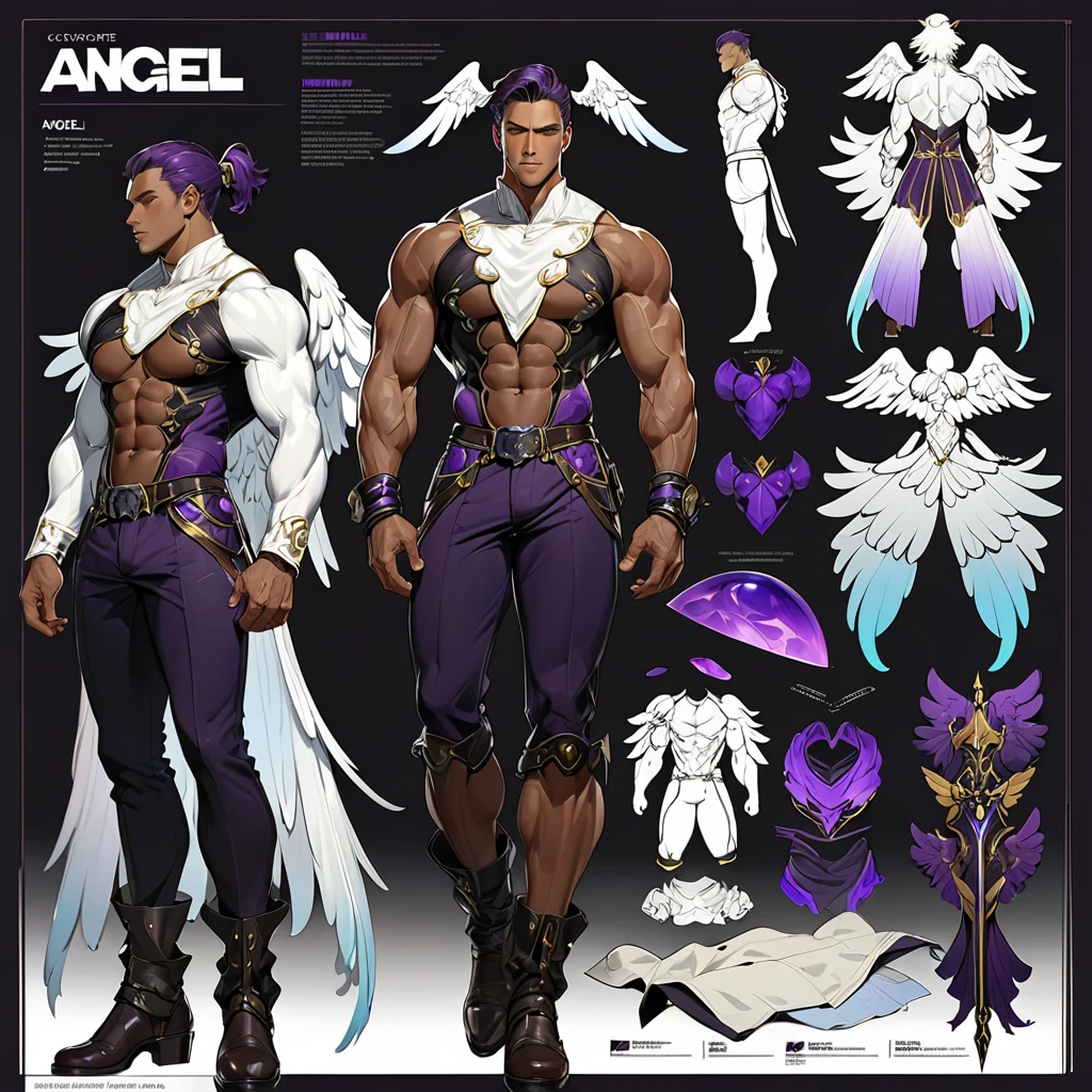 (Masterpiece, best quality), detailed, 1 man, ((character concept art)), ((character design sheet, same character, front, side, back)), full body, body complete, 1 Male, 1 Man, Detailed face, character design sheet，full bodyesbian, Highly detailed, character sheet, character design, Many parts, dark skin, angel wings, long purple ponytail hair, angel outfit, muscle male god, male clothes, masculine, muscle man, male muscle, manly, male angel, Muscle male with purple long ponytail hair，beautiful man,