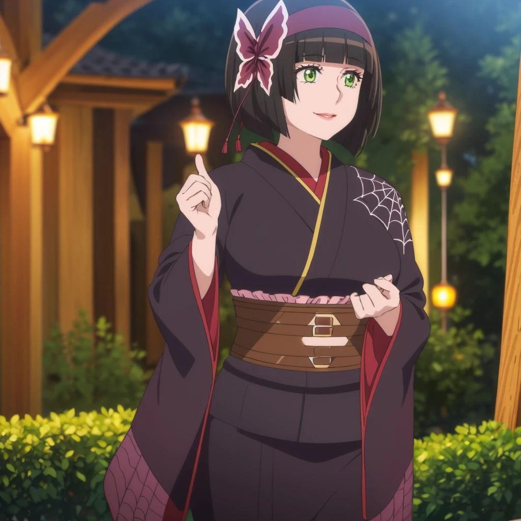 A woman wearing a traditional black kimono, with burgundy details, spider web details on the kimono, white stockings, walking on a wide road, with lots of spider webs in the trees, large breasts, green eyes, short black hair, burgundy bow over her hair, smiling, standing postured. UHD , prime work , accurate , anatomically correct , textured skin , super details , high quality , best quality, 8k, high resolution, bokeh effect. (woman alone)
