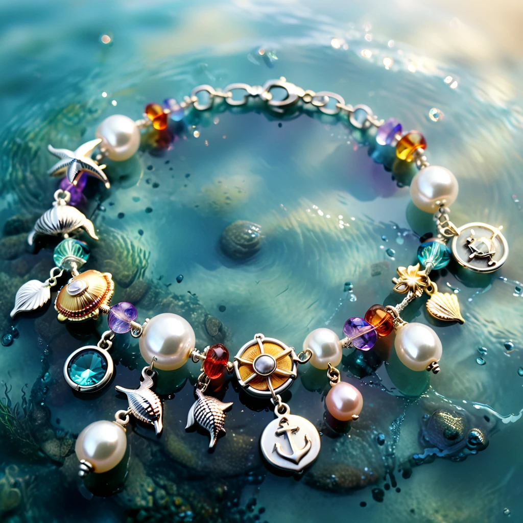 A shiny silver bracelet, marine-themed charms, pearls, transparent colorful beads, delicate thin chain, (best quality, 4k, 8k, highres, masterpiece:1.2), ultra-detailed, (realistic, photorealistic, photo-realistic:1.37), intricate jewelry design, exquisite craftsmanship, shimmering metallic, ocean-inspired, iridescent pearls, vibrant hues, delicate filigree, elegant accessory, feminine aesthetics, close-up, detailed texture, soft focus, warm lighting