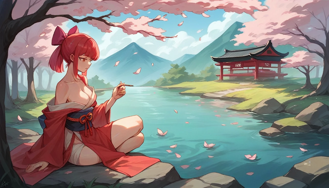 A humanoid robot (anime styling) contemplative sitting in a traditional Japanese garden, surrounded by cherry blossoms in full bloom and a lake.