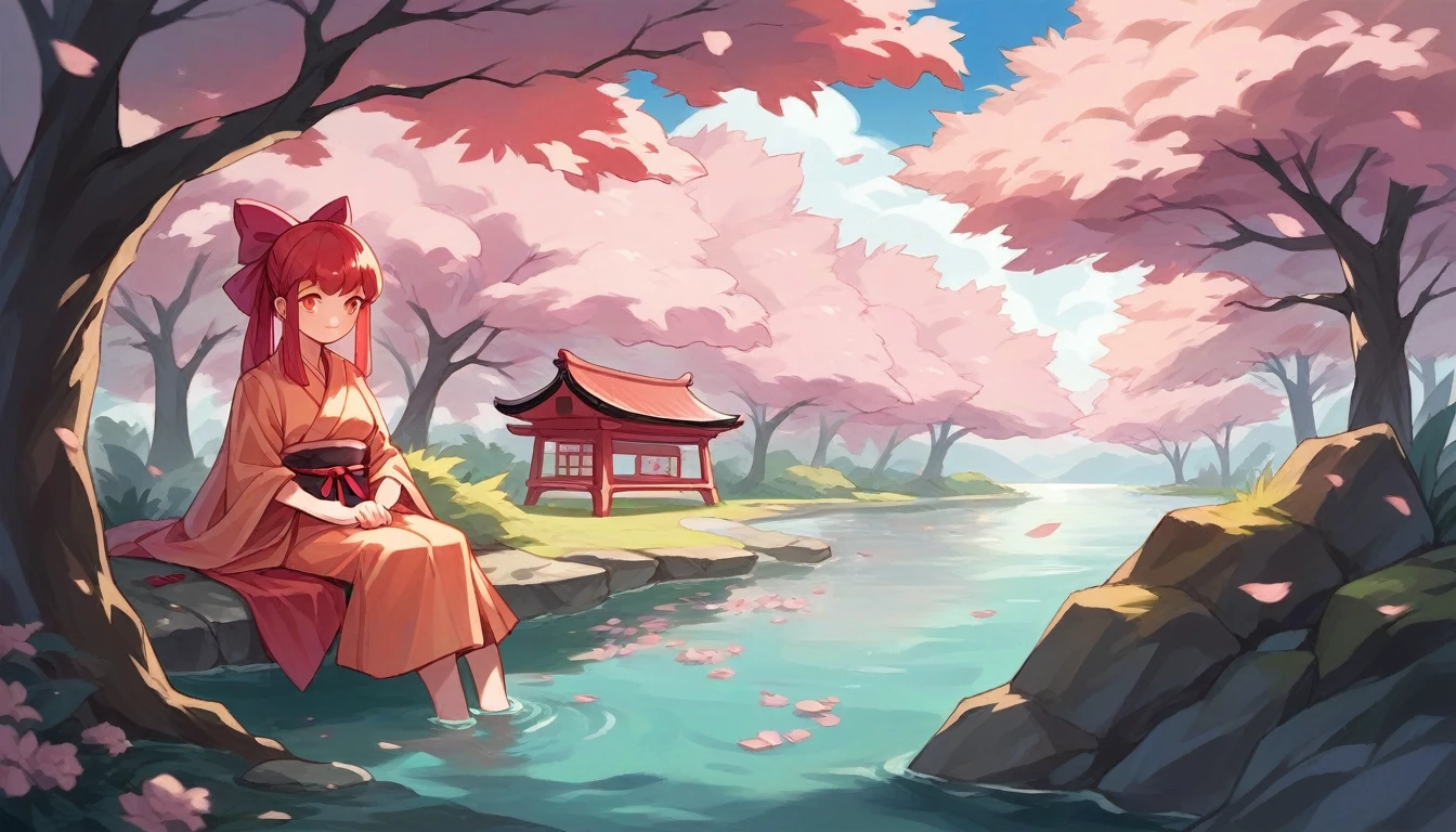 A humanoid robot (anime styling) contemplative sitting in a traditional Japanese garden, surrounded by cherry blossoms in full bloom and a lake.