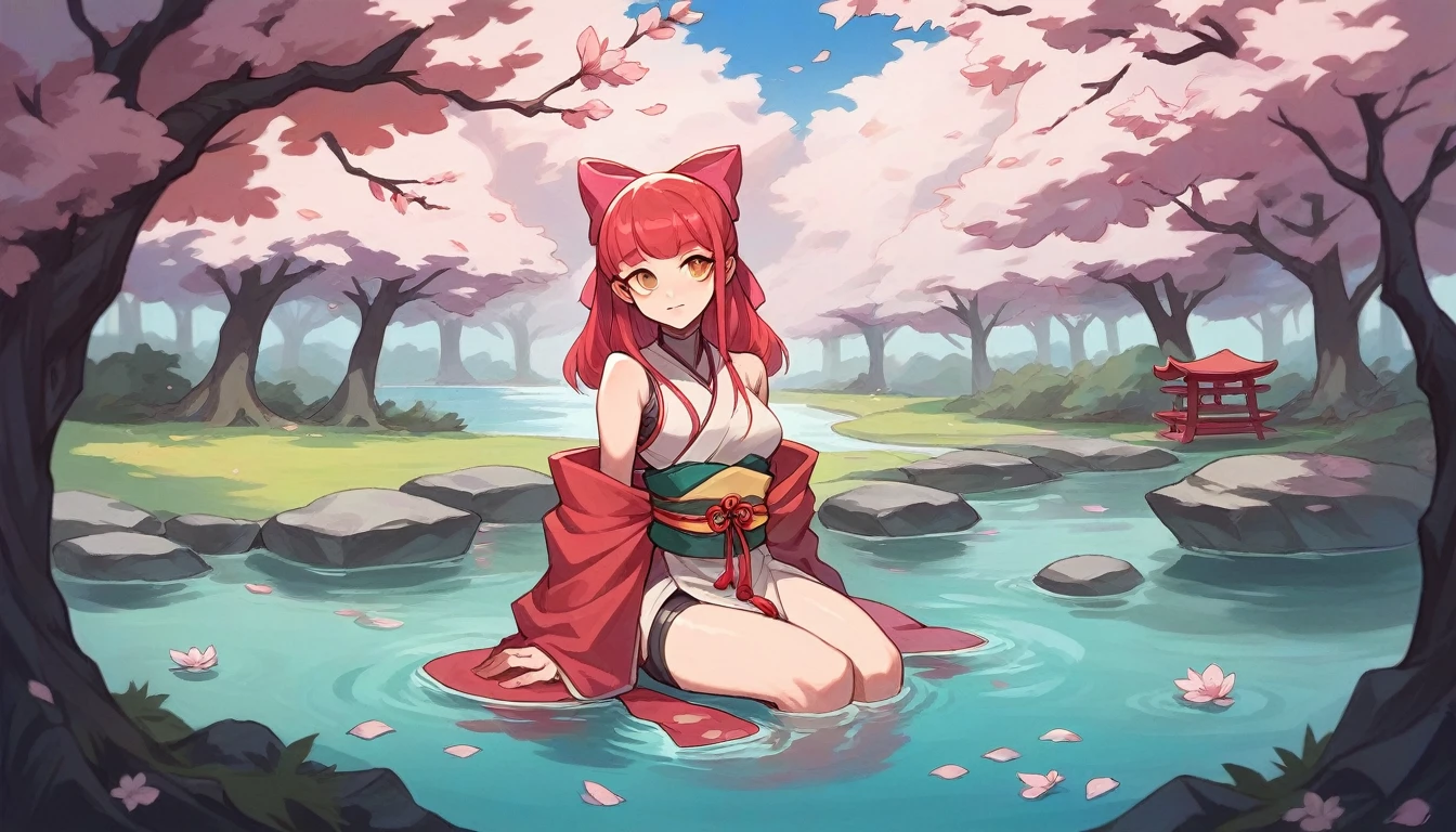 A humanoid robot (anime styling) contemplative sitting in a traditional Japanese garden, surrounded by cherry blossoms in full bloom and a lake.