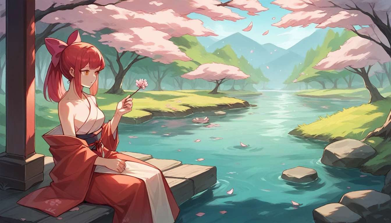A humanoid robot (anime styling) contemplative sitting in a traditional Japanese garden, surrounded by cherry blossoms in full bloom and a lake.