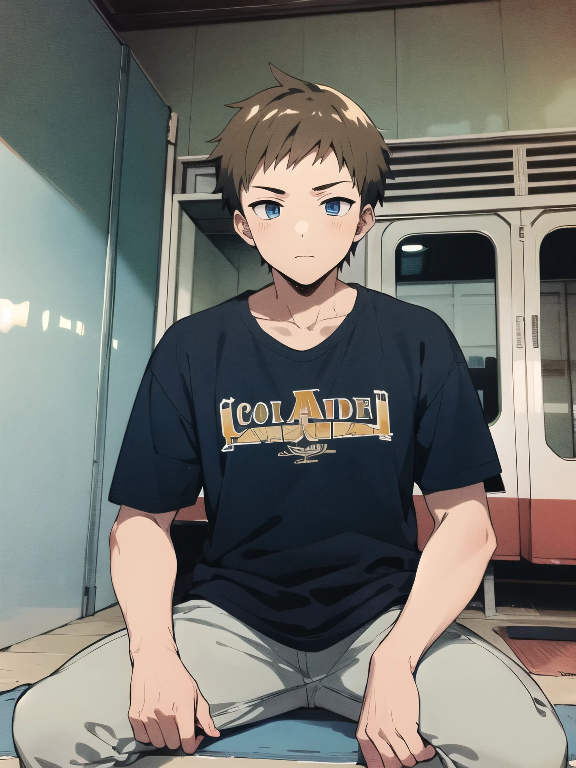 Anime boy cool cute skin white sitting pose foward