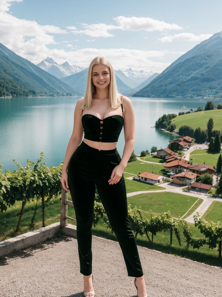 her name is Marie, 1girl, ((solo)), ((20-year-old curvy Caucasian woman)), ((20 years old)), ((fit)), , ((pale skin tone)), ((medium length straight blonde hair)), wearing A velvet corset top paired with wide-leg utility pants, smiling, pose: standing, background: Write about the serene beauty of Switzerland's Lake Geneva, surrounded by the majestic Alps and dotted with charming lakeside towns and vineyards