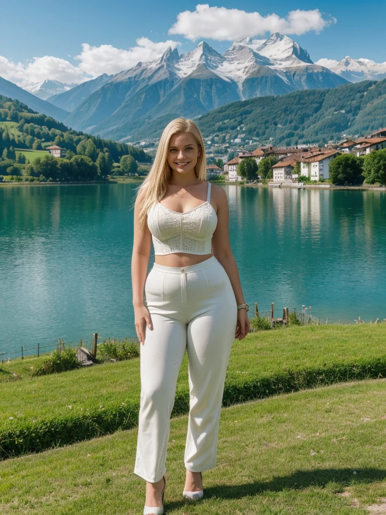 her name is Marie, 1girl, ((solo)), ((20-year-old curvy Caucasian woman)), ((20 years old)), ((fit)), , ((pale skin tone)), ((medium length straight blonde hair)), wearing A velvet corset top paired with wide-leg utility pants, smiling, pose: standing, background: Write about the serene beauty of Switzerland's Lake Geneva, surrounded by the majestic Alps and dotted with charming lakeside towns and vineyards