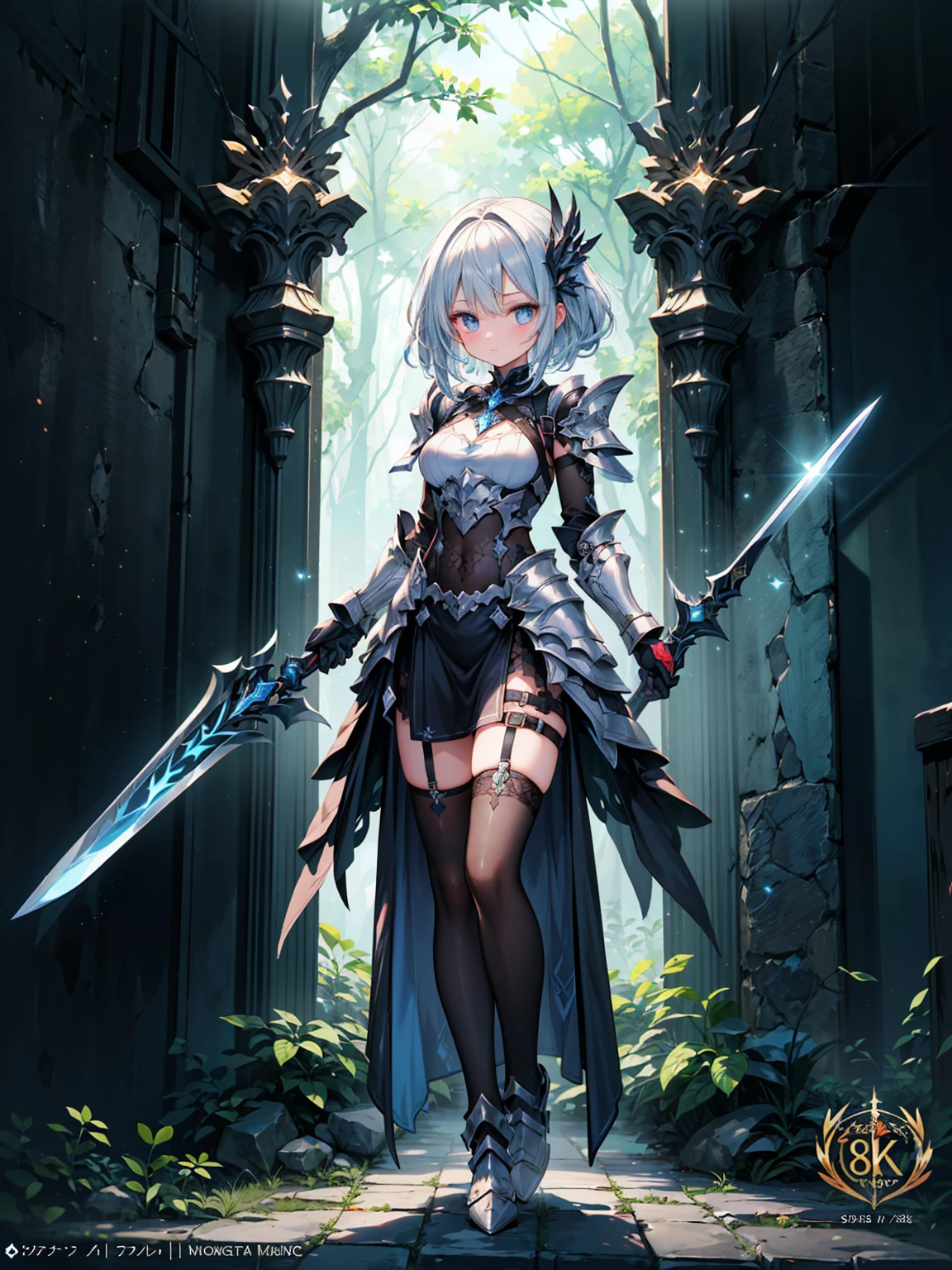 (((masterpiece, highest quality, 8k)))(((masterpiece, best quality, high detailed, 8k))) Design a layout showcase Gaming character, (1girl). Red+Black full body armor, stylish and unique. ((showcase weapon:1.4)), enchanted sword. (masterpiece:1.2), (best quality), 4k, ultra-detailed. (Step by step design, layout art:1.5), (luminous lighting, atmospheric lighting). warrior, ((glove full hands)), (((revealing clothes:1.3))), vambraces, armored legwear, (((full_body_shot:1.4))). {In a mystical forest}.