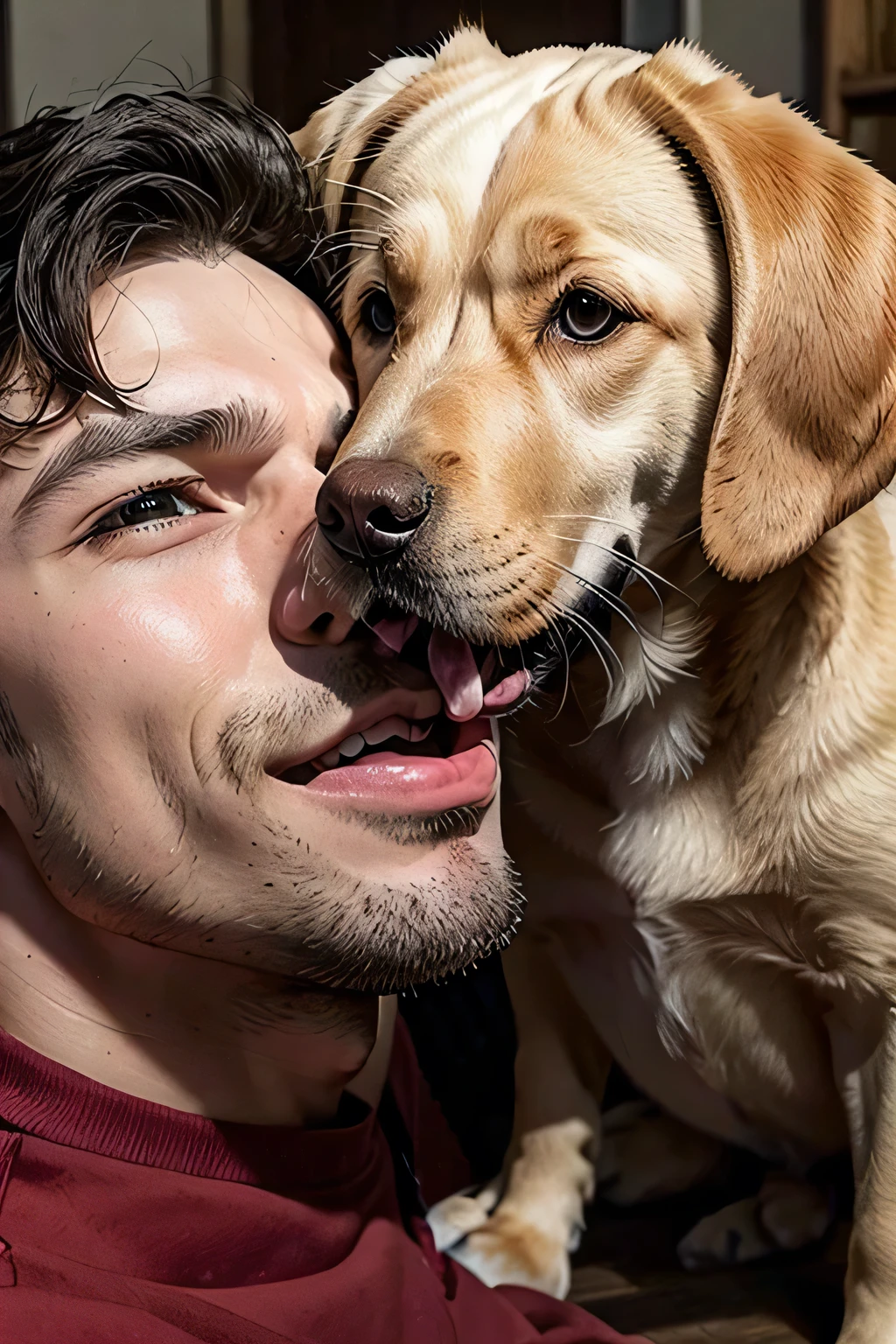 western man with his labrador puppy licking his face