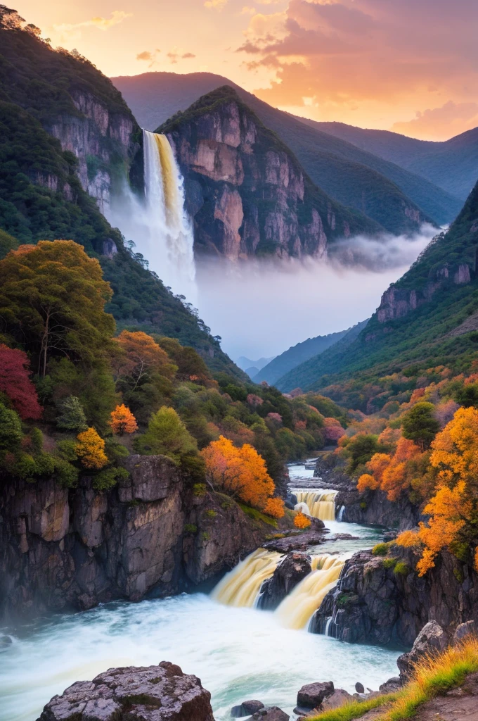 Generate an image of a serene sunset sky over a vast mountain range, with a majestic waterfall cascading down its slopes. Create a surreal and awe-inspiring scene, with vibrant colors and dramatic lighting. The sky should be filled with warm hues of oranges and pinks, casting a golden glow over the landscape. The mountains should appear grand and imposing, stretching into the distance. The waterfall should be depicted with a sense of motion and power, with water cascading down in large, graceful streams. The overall atmosphere should be otherworldly and breathtaking, evoking a sense of wonder and awe.