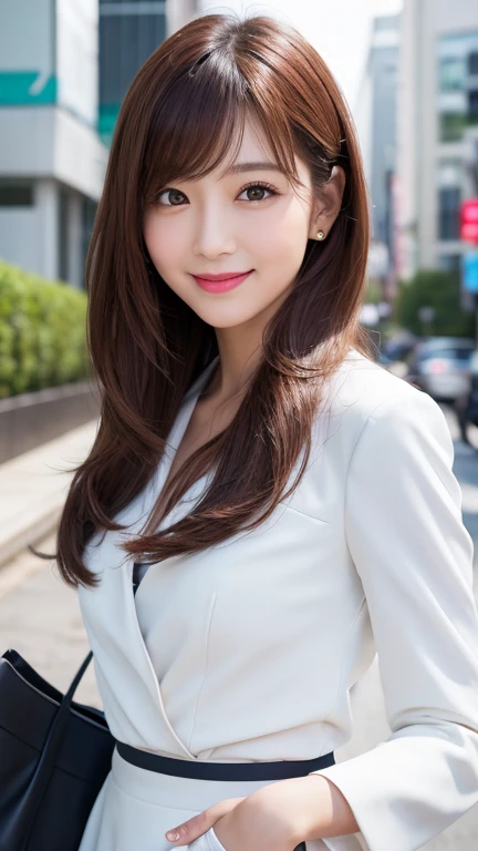 Highest quality、8k wallpaper、Reality:1.4、Cinema Lighting、View your viewers、background:urban office district(Outdoor)、1 beautiful girl、Japanese Idol、30 years old、Beautifully detailed eyes、Detailed face、Beautiful Skin、Slender、Slim waist、Thin legs、Red lipstick、Fancy hairstyle:1.8、Random hair color、Light Hair、Asymmetrical bangs、White blouse、skirt、Jacket、Insurance Saleslady、smile:1.2