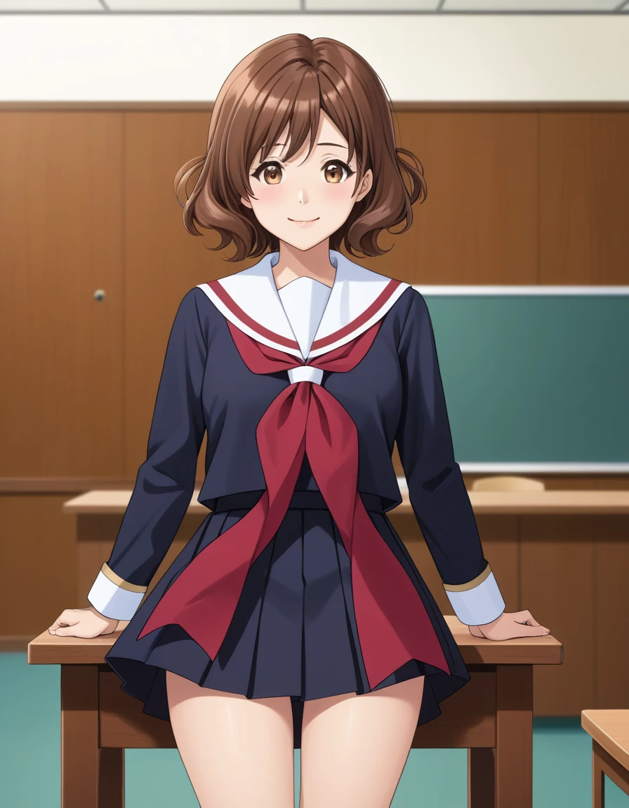 Highest quality, High resolution, masterpiece, (Beautiful Eyes), (Fine grain), Detailed face, kumiko oumae, Brown eyes, Brown Hair, short hair, Wavy Hair, smile, blush, skirt, shirt, Long sleeve, , pleated skirt, neckerchief, brown skirt, White sailor collar, brown shirt, Kitauji High , red neckerchief, indoor, classroom, Chair, machine, View your viewers, Cowboy Shot, (skirtを持ち上げる:1.5), (skirt that rolls up), (Panties in full view), (Wide pelvis), (Thick thighs), (White panties), nsfw