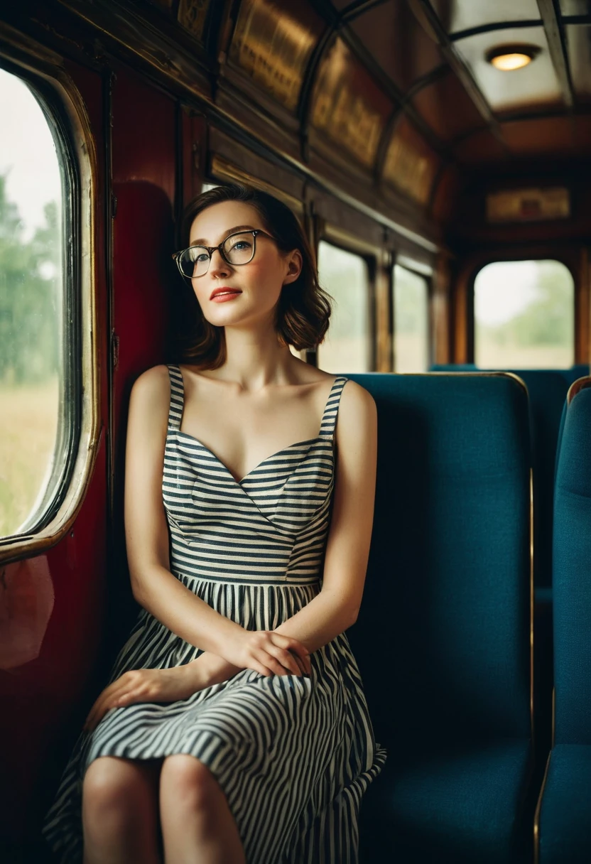 (Best quality, Ultra detailed, Golden ratio, Masterpiece:1.2), Theatrical lighting:0.7, Photo of a woman, dressed in a very elegant and pretty dress, Perfect rare face, (Highly detailed skin), randomly dyed hair, Hide your mouth with your hands、Ridicule, skin texture, Pale skin, shiny skin, (thin, large size:1.2), [:(Sharp focus on rare face, perfect eyes:1.2):0.2], photorealistic, film grain, Put one foot forward、from below looking up、look at camera、Emphasize the shoulders, Focus on face、Stockings、glasses、Smile with corners of mouth raised、disdainful expression, summer haze, muted colors, muted warm colors, Photo cinematic portrait of a woman dressed in a striped dress sitting by the window in the early morning, cinematic, (tilted:1.3) (on an old train) look cautious, standing under a spotlight, volumetric dust clouds, key light, backlight, soft natural lighting, photography Film grain ISO 400 30 mm lens RAW f1.8 aperture, highly detailed (analog photography:1), colors hdr