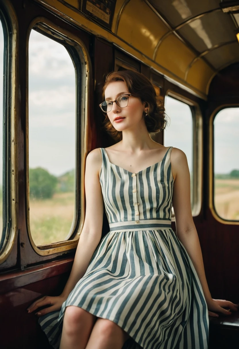 (Best quality, Ultra detailed, Golden ratio, Masterpiece:1.2), Theatrical lighting:0.7, Photo of a woman, dressed in a very elegant and pretty dress, Perfect rare face, (Highly detailed skin), randomly dyed hair, Hide your mouth with your hands、Ridicule, skin texture, Pale skin, shiny skin, (thin, large size:1.2), [:(Sharp focus on rare face, perfect eyes:1.2):0.2], photorealistic, film grain, Put one foot forward、from below looking up、look at camera、Emphasize the shoulders, Focus on face、Stockings、glasses、Smile with corners of mouth raised、disdainful expression, summer haze, muted colors, muted warm colors, Photo cinematic portrait of a woman dressed in a striped dress sitting by the window in the early morning, cinematic, (tilted:1.3) (on an old train) look cautious, standing under a spotlight, volumetric dust clouds, key light, backlight, soft natural lighting, photography Film grain ISO 400 30 mm lens RAW f1.8 aperture, highly detailed (analog photography:1), colors hdr