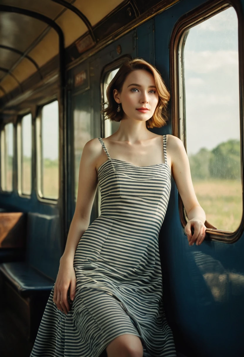 (Best quality, Ultra detailed, Golden ratio, Masterpiece:1.2), Theatrical lighting:0.7, Photo of a woman, dressed in a very elegant and pretty dress, Perfect rare face, (Highly detailed skin), randomly dyed hair, Hide your mouth with your hands、Ridicule, skin texture, Pale skin, shiny skin, (thin, large size:1.2), [:(Sharp focus on rare face, perfect eyes:1.2):0.2], photorealistic, film grain, Put one foot forward、from below looking up、look at camera、Emphasize the shoulders, Focus on face、Stockings、glasses、Smile with corners of mouth raised、disdainful expression, summer haze, muted colors, muted warm colors, Photo cinematic portrait of a woman dressed in a striped dress sitting by the window in the early morning, cinematic, (tilted:1.3) (on an old train) look cautious, standing under a spotlight, volumetric dust clouds, key light, backlight, soft natural lighting, photography Film grain ISO 400 30 mm lens RAW f1.8 aperture, highly detailed (analog photography:1), colors hdr