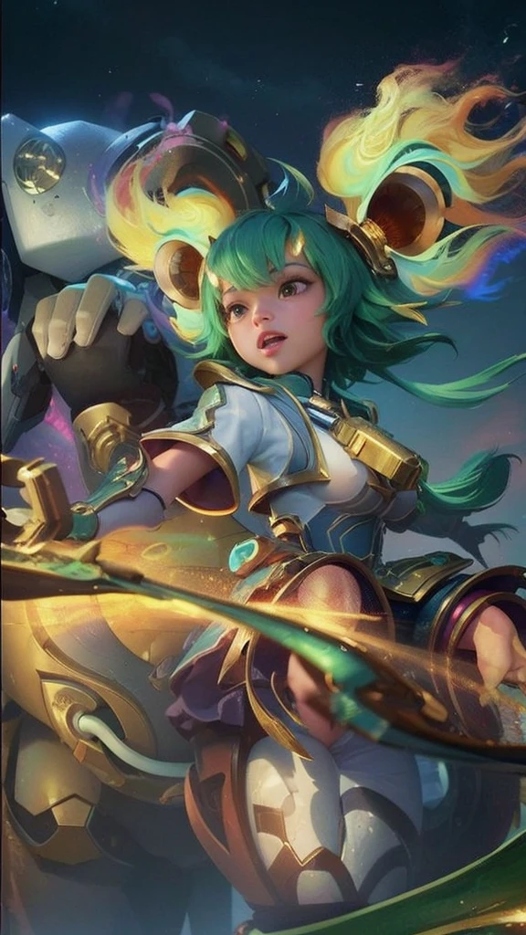 there is a woman cute standing in front of a giant robot, realistic