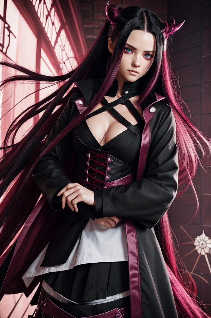 girl with long hair, black color with burgundy edges, eyes with heterochromia the left eye is dark red and the right eye is pink, dressed in a demon hunter outfit from Kimetsu No Yaiba and next to her is Tanjiro Kamado with animation by Ufotable