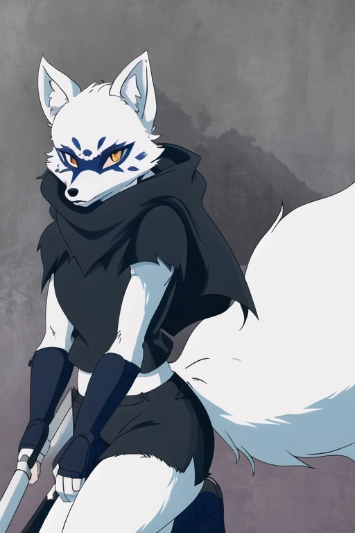 Alopex, arctic fox, furry, blue marks face, tmnt, serious look, orange eyes, girl1, solo, park, black cloak, black shirt, fox tail, black shorts, ninja sickles, holding sickles