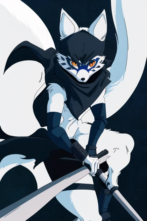 Alopex, arctic fox, furry, blue marks face, tmnt, serious look, orange eyes, girl1, solo, park, black cloak, black shirt, fox tail, black shorts, ninja sickles, holding sickles