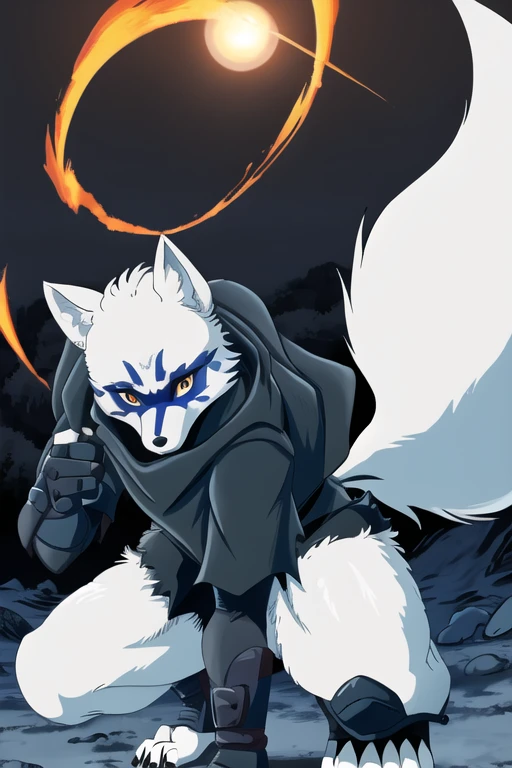 Alopex, arctic fox, furry, blue marks face, tmnt, serious look, orange eyes, girl1, solo, park, black cloak, black shirt, fox tail, black shorts, ninja sickles, holding sickles