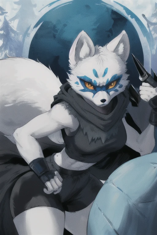 Alopex, arctic fox, furry, blue marks face, tmnt, serious look, orange eyes, girl1, solo, park, black cloak, black shirt, fox tail, black shorts, ninja sickles, holding sickles