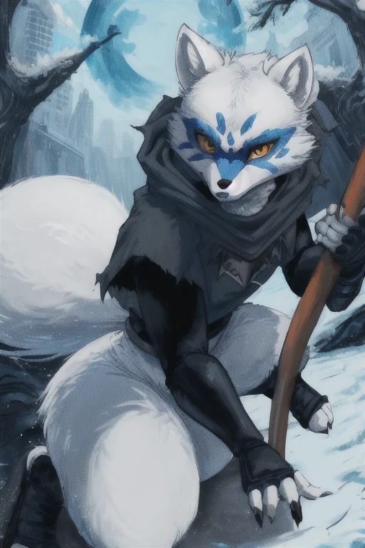 Alopex, arctic fox, furry, blue marks face, tmnt, serious look, orange eyes, girl1, solo, park, black cloak, black shirt, fox tail, black shorts, ninja sickles, holding sickles 