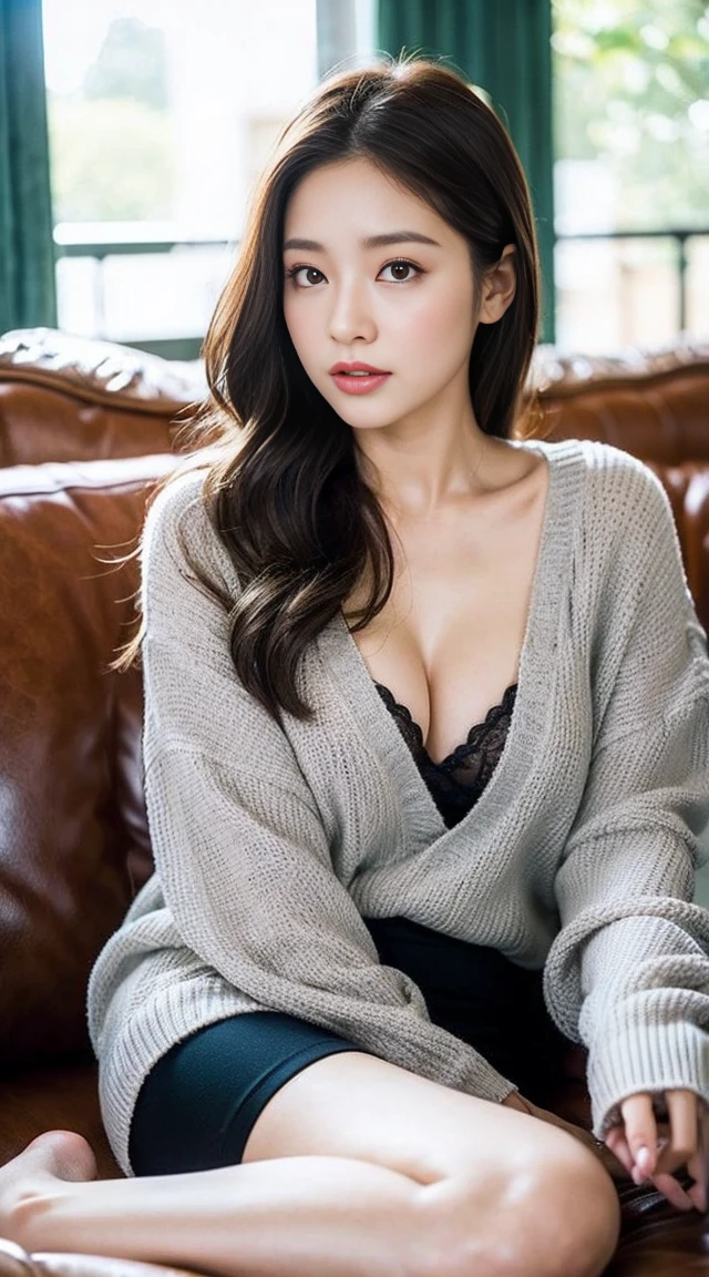 Dark brown hair、Light brown eyes、Japanese actress、 Lady、I am about 40 years old...、(Intricate details:1.2)、(Which is the top???:1.4)、 (Ultra-high resolution:1.2)、Ultra-high resolution、(Finely tuned)、(Detailed facial features)、Hmph、8K resolution、C cup size breasts、Hair length、Resort hotel living room、Large sofa、Large windows、Extravagant space、relax、、,Full body photo、Head to toe shot、Lying on the sofa、Lying on the sofa、Beautiful feet、Put your head on the sofa、gray Sweatshirts & Hoodies、V-neck、lingerie Shorts、Beautiful feet、A refreshing room filled with sunlight、she, household items, sitting on the living room couch, Lean on、Weaknesses、(plant:0.8), Warm Light, fashionable, Very detailedな, Very detailed, Realistic, Hourglass Shaped Body, Obscene pose,、