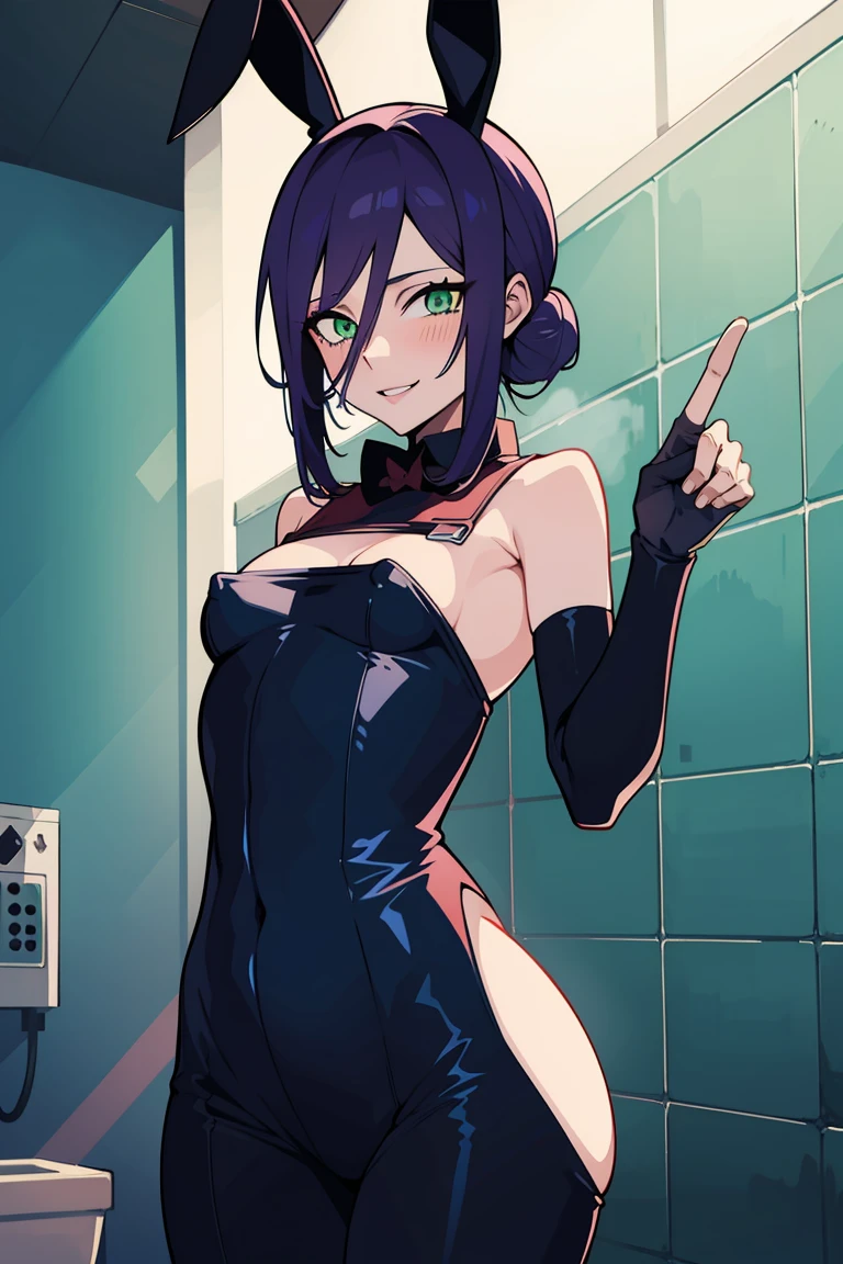 An anime-style artwork depicting Reze from the anime chainsaw man.
Tags: Reze, anime, detailed eyes, detailed lips, bunny suit that reach to the hips, long gloves, bunny ears, inner sideboobs, (bunny suit:1.1),flashing boobs, smiling expression, intense gaze, inverted nipples,dynamic pose, peace sign,bathroom, smoke everywhere, vibrant colors, digital art, high-resolution, professional quality, small breasts, curvy hips, cowboy shot, (small breasts: 1.4), (green eyes:1.1), (purplish blue hair)