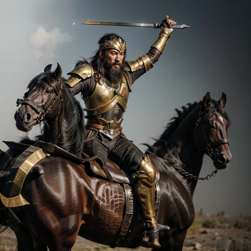 an ancient chinese warrior with wild beard, wearing gold armour, riding on black horse, using long chain weapon to launch attack, empty white background