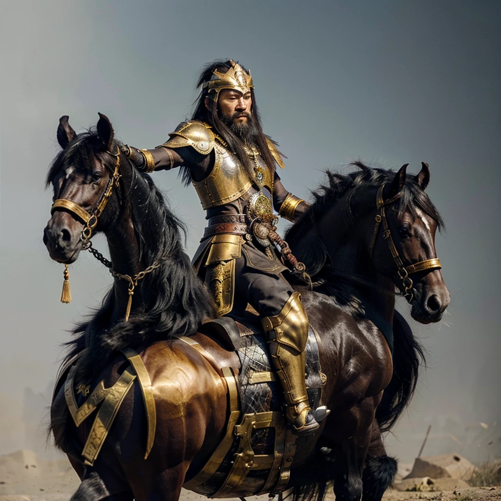 an ancient chinese warrior with wild beard, wearing gold armour, riding on black horse, using long chain weapon to launch attack, empty white background