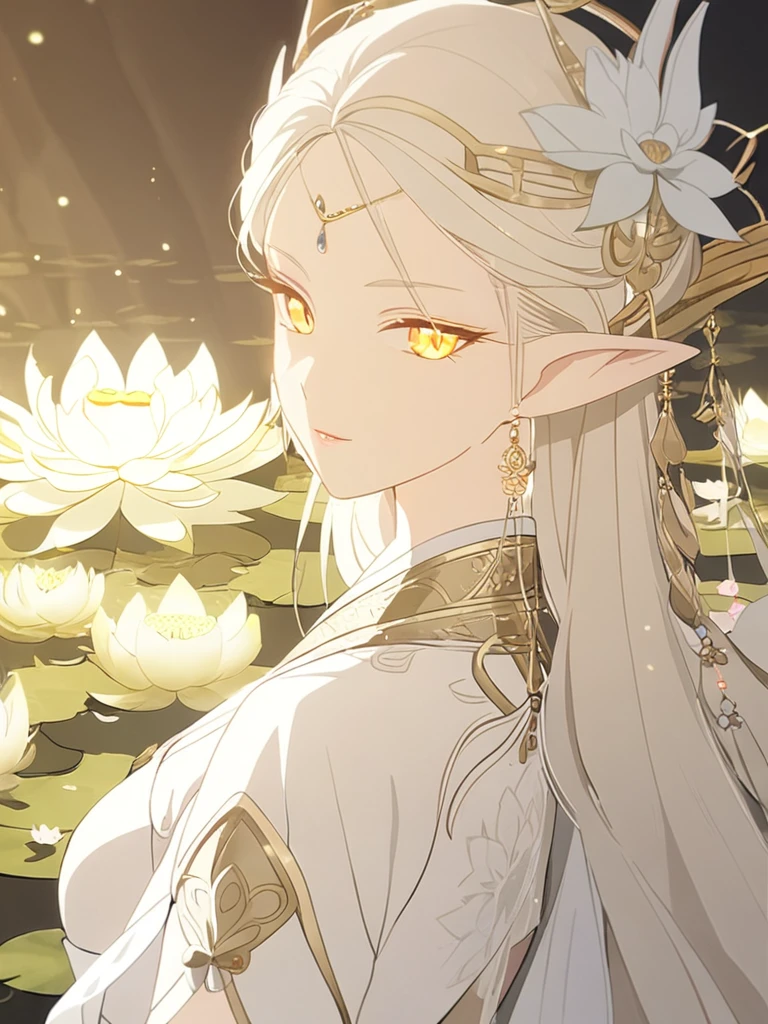 1woman, beautiful, elven, white god, white blonde hair, longest hairstyle, glowing yellow eyes, white lotus, white princess, elegant, traditional thai costume,