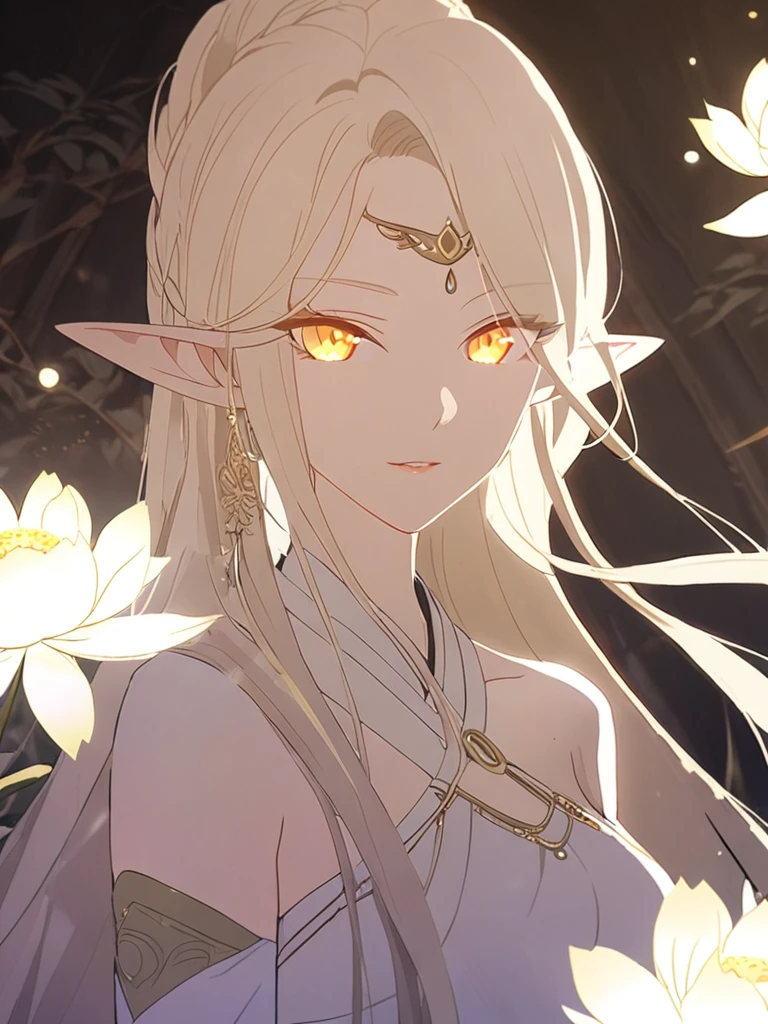 1woman, beautiful, elven, white god, white blonde hair, longest hairstyle, glowing yellow eyes, white lotus, white princess, elegant, traditional thai costume,