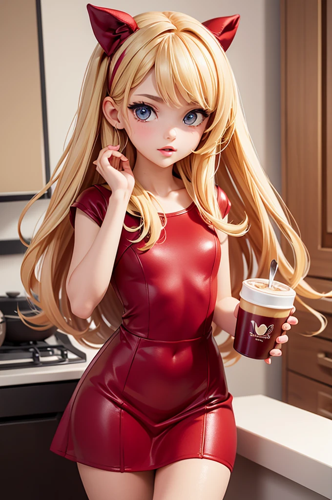 hyperrealistic  american teen, blonderfect tiny body, sexy, dark makeup, perfect slim face, big red lips, very cute face, tiny body, big eyes, young looking, childish looking, tight red dress, dinner ,Holding a cup