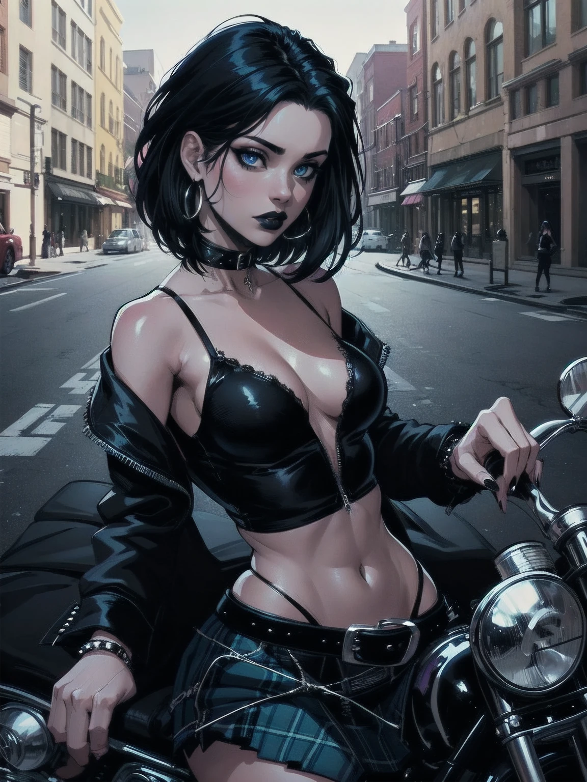 a woman with medium black hair, hair on shoulders, wearing plaid skirt, black jacket, blue eyes, gothic art, cute aesthetic with vibe, toon aesthetic, wearing gothic accessories, look like Cassie Hack, upper body, driving on the motocicle, street background, dinamic poses