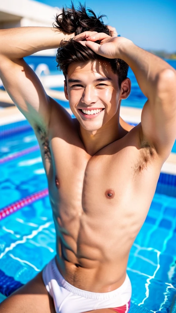 male Age 20 swimwear lifeguard topless smile