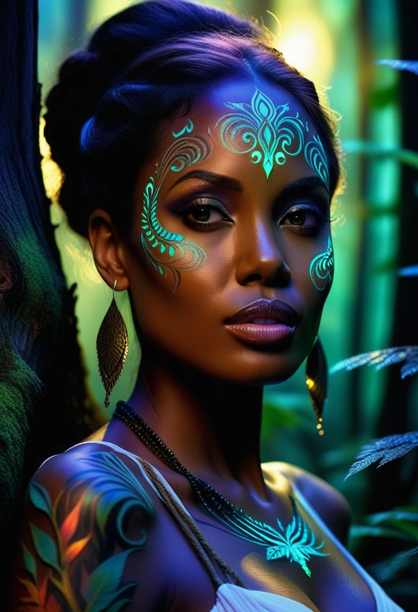 Generate an image of a young woman, similar to Angelina Jolie, with black skin adorned with intricate details., multicolored photoluminescent tattoos, surrounded by magical glow in a mystical forest. Convey an air of mystery and fantasy through your expressions and environments.