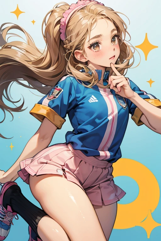 Kicks has light brown skin and brown eyes. Her lipstick is light pink and she has faint blush. Her dirty-blonde hair is worn in four long braids held beneath a fuzzy blue sweatband, and she has several tiny curls lining her face. She wears a pastel blue and black soccer uniform with a 02 on the chest. She wears matching shoes and socks. SPARKLE; GLITTER