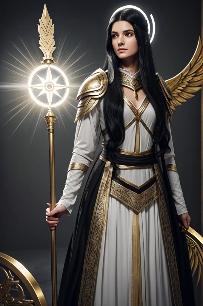 aasimar witch with long black hair, gray eyes, with a halo of light over his head wearing white and gold clothes with a large and elegant staff in one hand and a book in the other
