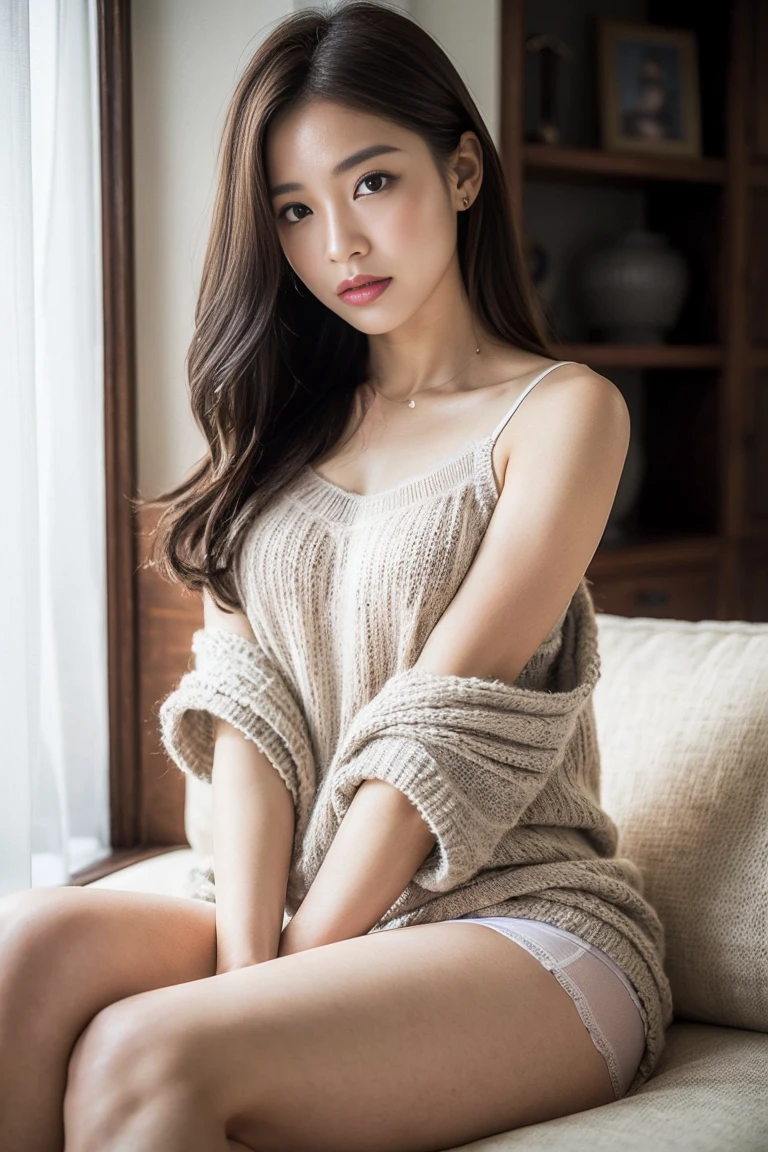 Dark brown hair、Light brown eyes、Japanese actress、I am about 40 years old....、(Intricate details:1.2)、(Which is the top????:1.4)、 (Ultra-high resolution:1.2)、Ultra-high resolution、(Finely tuned)、(Detailed facial features)、Hmph、8K resolution、D cup size breasts、Long Hair、Large windows、Extravagant space、relax、、,Full body photo、headからつま先までのショット、Beautiful legs、Beautiful legs、Breezy, Sunny living room、ソファにsit、she, household items,   (plant:0.8), Fashion Hub, Very detailedな, Very detailed, Realistic, Hourglass Shaped Body, Obscene pose,、、私 cry a lot、tears、person on the left、White wall、White floor、diagonally from below、please lift your chin、Put your butt against the wall、relaxした表情、Pose of Weakness、(auraroid photo:1.2)、From outside the window、A masterpiece of transparent painting、8K、32k、Highest quality、(Details of both eyes)、1 Girl、elegant、(Loose knit camisole :1.4)、sit、(Top view、Take a look here、Tilt&#39;head:1.2)、Hilarious、Looking into the camera、